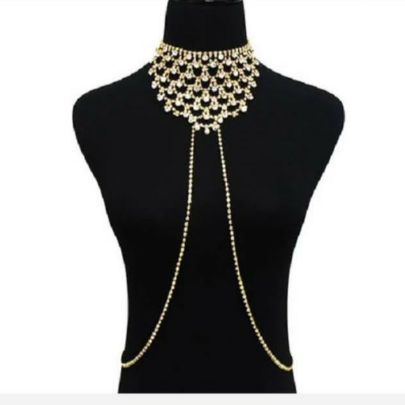 Gold Rhinestone Crystal Choker Body Chain - Picture 1 of 2